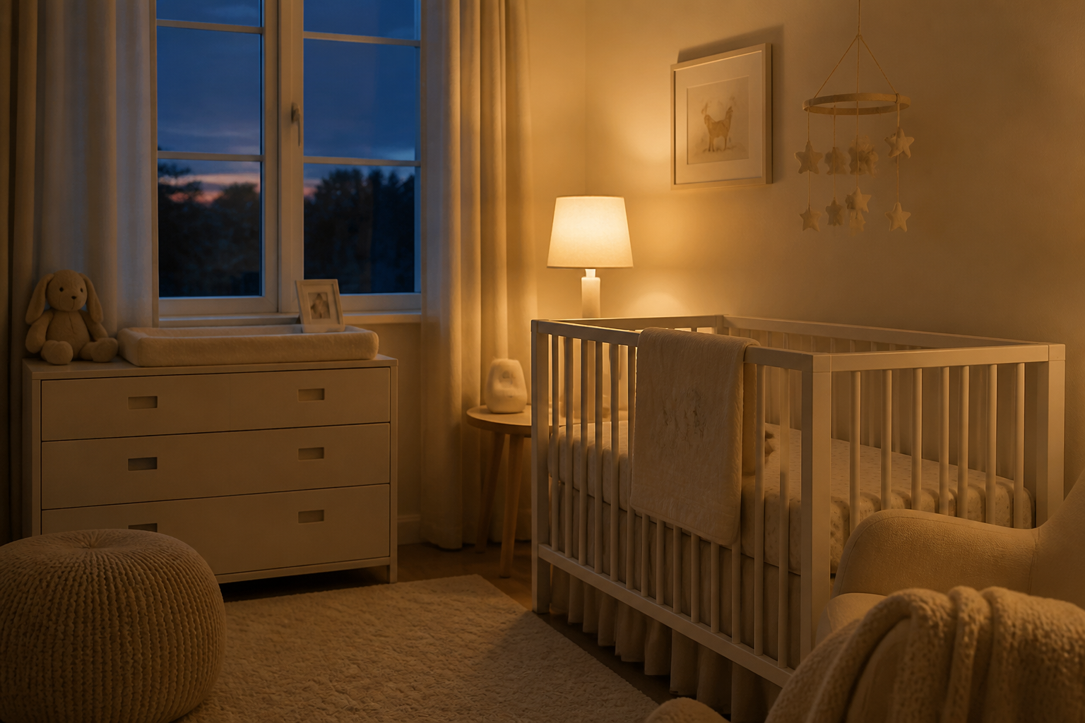 A softly lit nursery at dusk, warm lamp glow against indigo evening light